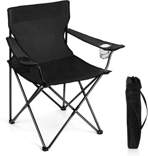 Joyfair Portable Camping Chair, Large Outdoor Folding Chair for Adults, 600D Oxford Fabric Sturdy Foldable Chair for Beach, Fishing, Picnic Lawn and More Outdoor Sports, Carry Bag & Cup Holders, Black