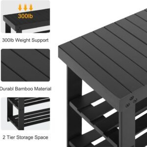 Apicizon Bamboo Shoe Rack for Entryway, 3-Tier Shoe Rack Bench for Front Indoor Entrance, Small Shoe Organizer with Storage, 35.4 Inches, Black