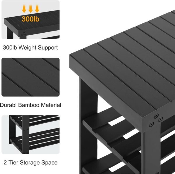Apicizon Bamboo Shoe Rack for Entryway, 3-Tier Shoe Rack Bench for Front Indoor Entrance, Small Shoe Organizer with Storage, 35.4 Inches, Black