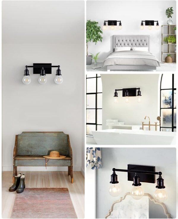 3-Light Vanity Light Fixture, Industrial Black Wall Sconce Lighting Fixture, Farmhouse Vanity Wall Lights Over Mirror, E26 Base Indoor Wall Lamp for Bathroom (Bulb Not Included)