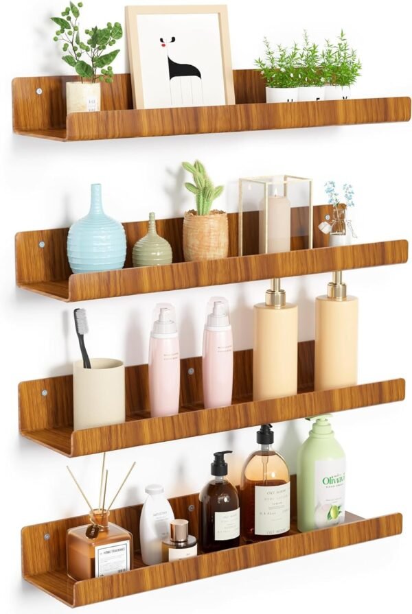 upsimples 4 Pack Acrylic Shelves for Wall Storage, 15" Floating Bookshelves for Kids, Display Shelf Organizer for Bathroom, Bedroom, Living Room, Kitchen, Room Decor, Clear