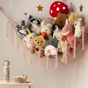 Large Stuffed Animal Hammock Corner Net for Toys Storage Hanging Stuff Animal Organizer Holder Pink Girls Living Room Bedroom Boho Nursery Dorm Decor