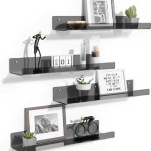 upsimples 4 Pack Acrylic Shelves for Wall Storage, 15" Floating Bookshelves for Kids, Display Shelf Organizer for Bathroom, Bedroom, Living Room, Kitchen, Room Decor, Clear