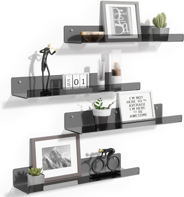 upsimples 4 Pack Acrylic Shelves for Wall Storage, 15" Floating Bookshelves for Kids, Display Shelf Organizer for Bathroom, Bedroom, Living Room, Kitchen, Room Decor, Clear