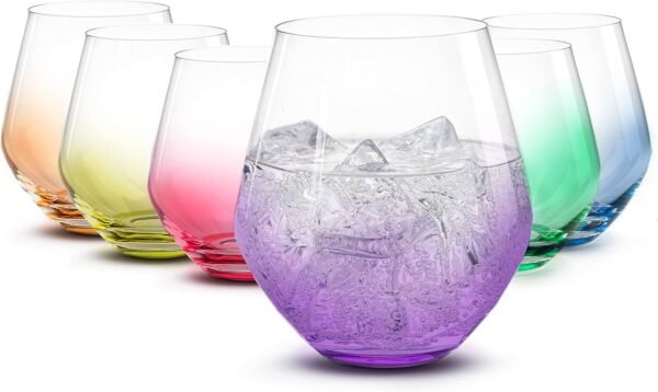 BENETI Premium Stemless Wine Glass | Handmade In Europe | 18oz Colored Stemless Crystal Wine Glasses set 6