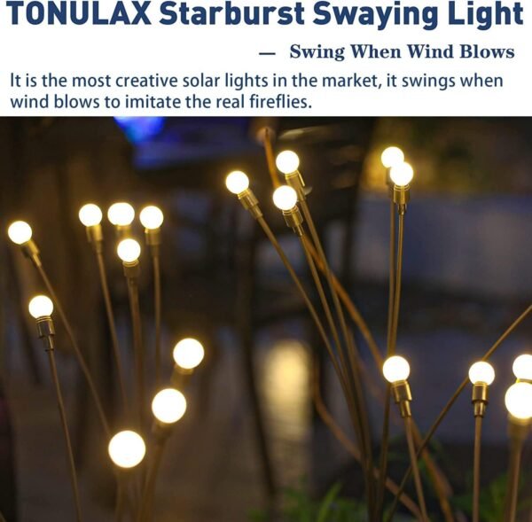 710ffUiqrdL._AC_SL1500.jpg TONULAX Solar Garden Lights - New Upgraded Solar Swaying Light, Sway by Wind, Solar Outdoor Lights, Yard Patio Pathway Decoration, High Flexibility Iron Wire & Heavy Bulb Base, Warm White(2 Pack)