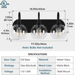 710kanw-12L._AC_SL1500.jpg Bathroom Vanity Light,Modern 3-Light Bathroom Lighting Fixtures Over Mirror with Clear Glass Shade and Metal Base,Matte Black Bathroom Lighting