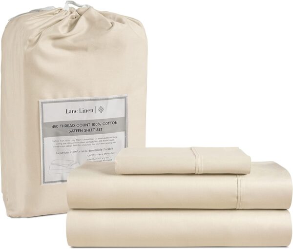 LANE LINEN Queen Sheet Set, 4 Pc Queen Size Sheets Set, 450 Thread Count 100% Cotton Sheets, Cooling Sheets Queen Size, Soft and Breathable Bed Sheets Queen, Deep Pocket Queen Sheets - Ivory