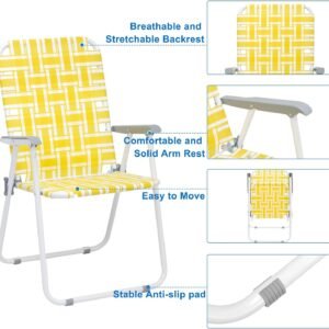 Set of 2 Patio Folding Lawn Chair, Outdoor Beach Chair Portable Camping Chair, Webbed Folding Chair for Yard, Garden (Yellow)