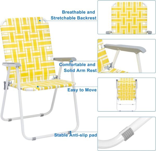 Set of 2 Patio Folding Lawn Chair, Outdoor Beach Chair Portable Camping Chair, Webbed Folding Chair for Yard, Garden (Yellow)