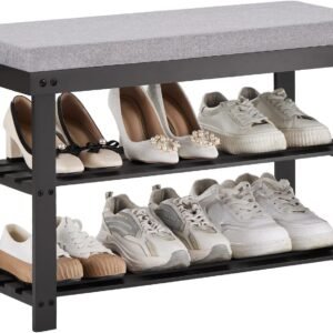 Apicizon Bamboo Shoe Rack for Entryway, 3-Tier Shoe Rack Bench for Front Indoor Entrance, Small Shoe Organizer with Storage, 35.4 Inches, Black