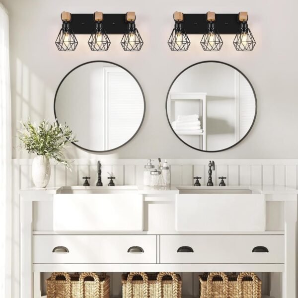 711WHt4b9aL._AC_SL1500.jpg Light Farmhouse Bathroom Vanity Light Fixtures, Wood Bathroom Lighting Over Mirror, Black Vanity Lights with Metal Lampshade, Vintage Wall Light Fixtures for Bedroom, Living Room, Hallway