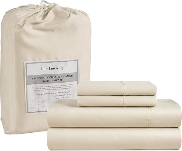LANE LINEN Queen Sheet Set, 4 Pc Queen Size Sheets Set, 450 Thread Count 100% Cotton Sheets, Cooling Sheets Queen Size, Soft and Breathable Bed Sheets Queen, Deep Pocket Queen Sheets - Ivory