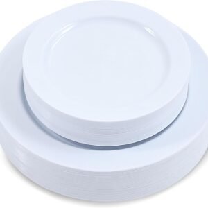 711ho4Z0ZmL._AC_SL1500.jpg 60-Piece Plastic Plates Set Premium 30 Dinner Plates & 30 Salad Plates Pack, Disposable Plates for Party - White Plastic Wedding Plates with Rose Gold Rim