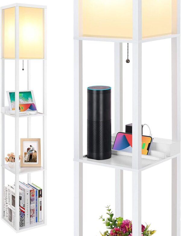 SHINE HAI 3-in-1 Shelf Floor Lamp with 1 USB&Type C&1 AC Outlet, 3-Tiered LED Shelf Lamp, Shelf & Storage Floor Lamp Combination Modern Standing Light