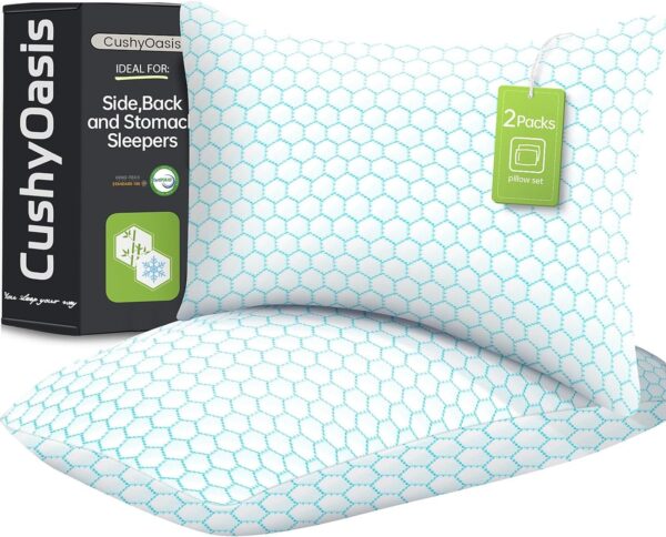 Shredded Memory Foam Pillow for Sleeping, Cooling Bed Pillows Set of 2, Adjustable Pillows for Side, Back, Stomach Sleepers with Washable Pillowcase (Queen Size, Grey)