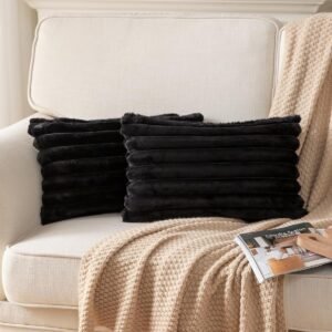 Pack of 2,Double-Sided Faux Fur Plush Decorative Throw Pillow Covers Fuzzy Striped Soft Pillowcase Cushion Covers for Sofa Couch Bedroom White 24x24 inch