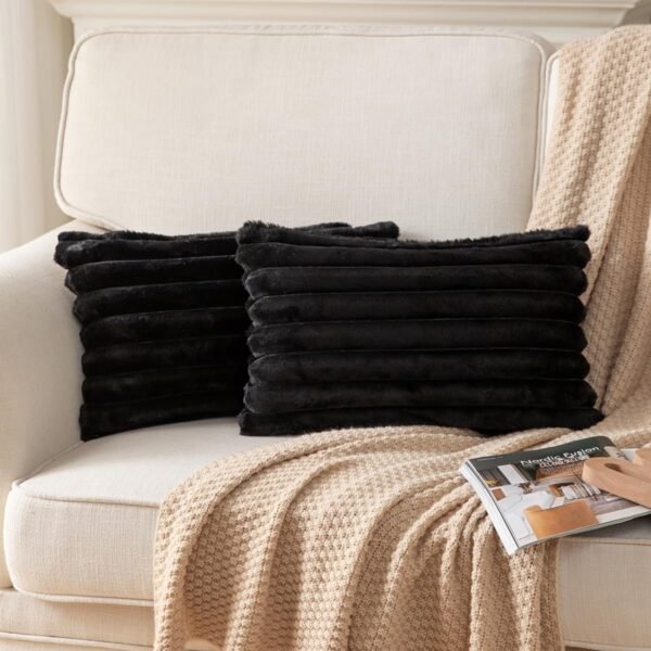 Pack of 2,Double-Sided Faux Fur Plush Decorative Throw Pillow Covers Fuzzy Striped Soft Pillowcase Cushion Covers for Sofa Couch Bedroom White 24x24 inch