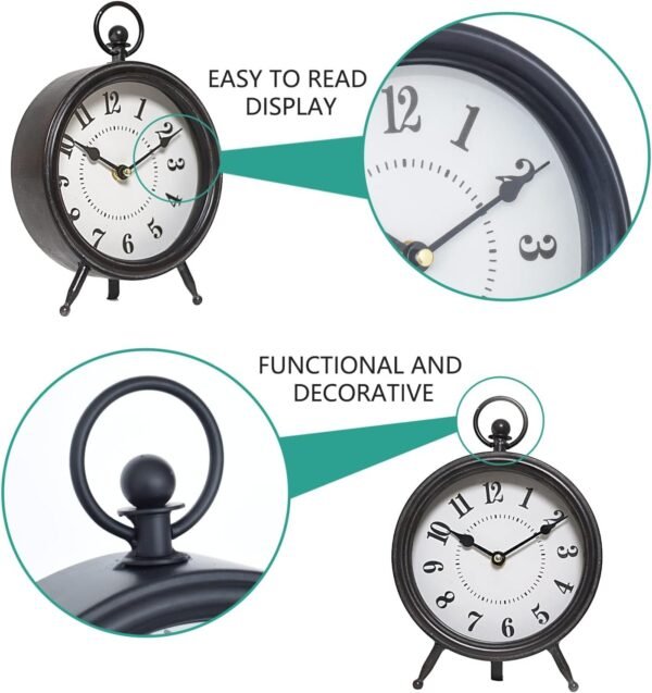 712eJVTx_nL._AC_SL1500.jpg Vintage Black Table Clock on Stand, Decorative Desk and Shelf Clock, Rustic Mantel Clock Farmhouse Clock Non-Ticking