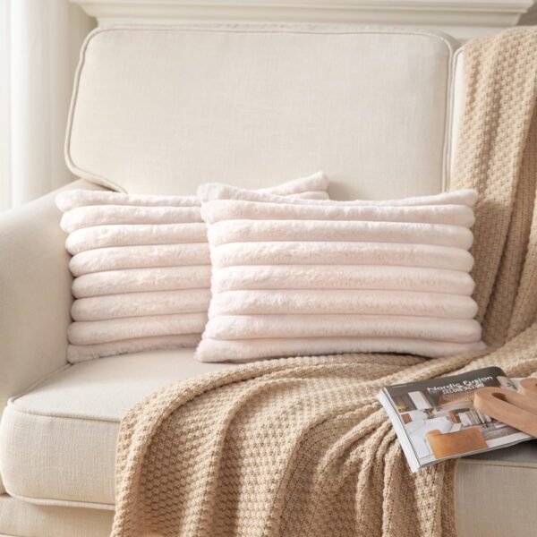 Pack of 2,Double-Sided Faux Fur Plush Decorative Throw Pillow Covers Fuzzy Striped Soft Pillowcase Cushion Covers for Sofa Couch Bedroom White 24x24 inch