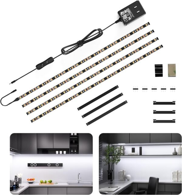 713H8ihSWKL._AC_SL1500.jpg WOBANE LED Cabinet Lights, 4 PCS 20inch LED Strip Lights Kit, Under Counter Lighting for Kitchen, Under Desk, Shelf, Display Case,Furniture, 120 LEDs, 1200 Lumen, 4000K Natural White