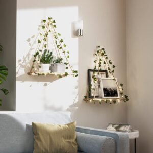 RICHER HOUSE Artificial Ivy LED-Strip Wall Hanging Shelves Set of 2, Macrame Shelf for Bedroom Bathroom Living Room Kitchen, Wood Hanging Plant Shelves for Wall Décor