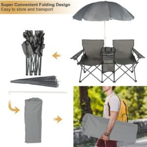 Double Folding Camping Chair W/Umbrella Fold Up Table Beverage Holder Carrying Bag Cooler for Patio Pool Park Outdoor Beach, Picnic, Portable (Grey)