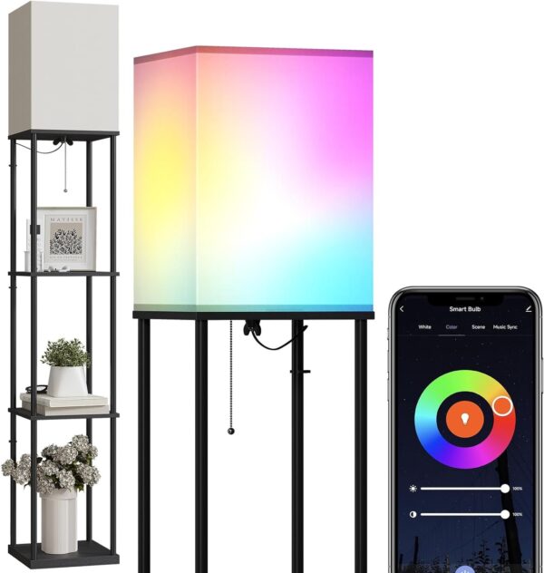 Floor Lamp with Shelves, Modern Square Standing Lamp with 3 Color Temperature Bulb, Corner Display Bookshelf Lamp for Living Room and Bedroom(Black)