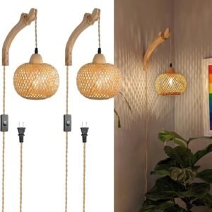 713n1btjWGL._AC_SL1500.jpg Frideko Bamboo Lantern Plug in Wall Sconces Wicker Wall Lamp with Plug in Cord Hand Woven Rattan Wall Light Farmhouse Rustic Wall Sconces Boho Sconces Wall Lighting for Living Room Bedroom
