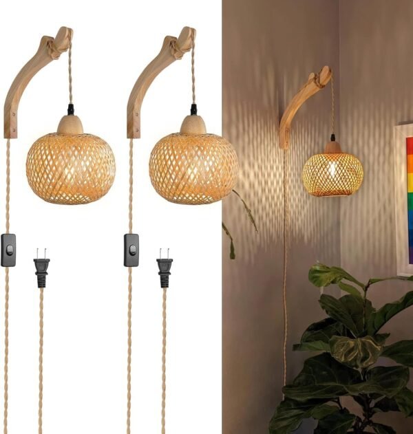 713n1btjWGL._AC_SL1500.jpg Frideko Bamboo Lantern Plug in Wall Sconces Wicker Wall Lamp with Plug in Cord Hand Woven Rattan Wall Light Farmhouse Rustic Wall Sconces Boho Sconces Wall Lighting for Living Room Bedroom
