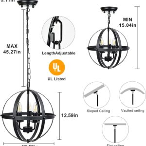DLLT Vintage Pendant Hanging Light Fixtures, Flush Mount Ceiling Chandelier Lamp with Metal Spherical Shade for Kitchen, Dining Room, Living Room, Hallway, Entryway 3-Light, E12 Base-Matte Black