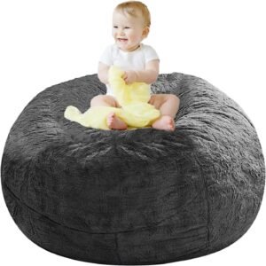 714FnNpB20L._AC_SL1500.jpg Giant Fur Bean Bag Chair Cover for Kids Adults, (No Filler) Living Room Furniture Big Round Soft Fluffy Faux Fur Beanbag Lazy Sofa Bed Cover (Light Grey, 5FT)