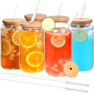 12pcs Glass Cups with Bamboo Lids and Glass Straws Set-16oz Can Shaped Drinking Glasses, Beer Glasses, Iced Coffee Glasses, Cute Tumbler Cup, Ideal for Whiskey,Cocktail,Wine,Gift-2 Cleaning Brushes