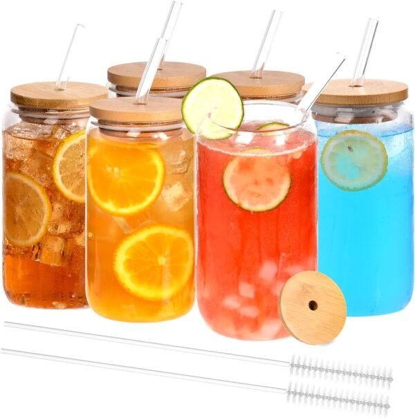 12pcs Glass Cups with Bamboo Lids and Glass Straws Set-16oz Can Shaped Drinking Glasses, Beer Glasses, Iced Coffee Glasses, Cute Tumbler Cup, Ideal for Whiskey,Cocktail,Wine,Gift-2 Cleaning Brushes