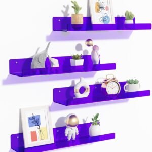 upsimples 4 Pack Acrylic Shelves for Wall Storage, 15" Floating Bookshelves for Kids, Display Shelf Organizer for Bathroom, Bedroom, Living Room, Kitchen, Room Decor, Clear