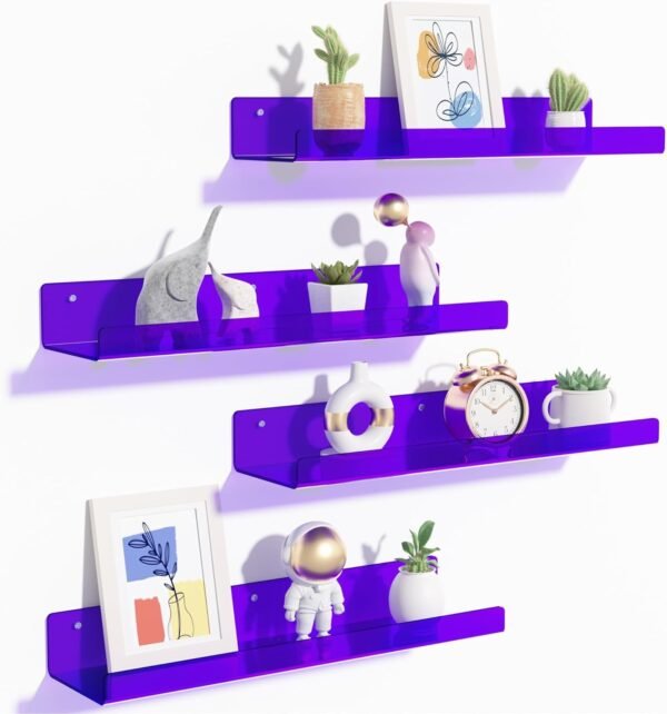 upsimples 4 Pack Acrylic Shelves for Wall Storage, 15" Floating Bookshelves for Kids, Display Shelf Organizer for Bathroom, Bedroom, Living Room, Kitchen, Room Decor, Clear
