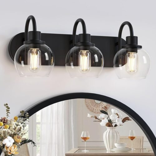 7166f_Pa3ZL._AC_SL1500.jpg Bathroom Vanity Light,Modern 3-Light Bathroom Lighting Fixtures Over Mirror with Clear Glass Shade and Metal Base,Matte Black Bathroom Lighting