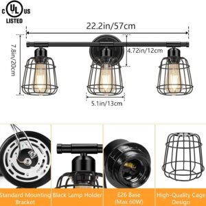 Elibbren 3-Light Bathroom Vanity Light Fixtures Over Mirror, Matte Black Bathroom Lighting Fixtures with Cage, E26 Base Farmhouse Wall Sconces for Bedroom Cabinets Living Room, UL Listed