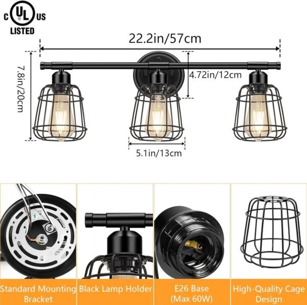 Elibbren 3-Light Bathroom Vanity Light Fixtures Over Mirror, Matte Black Bathroom Lighting Fixtures with Cage, E26 Base Farmhouse Wall Sconces for Bedroom Cabinets Living Room, UL Listed