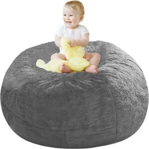 716SO5GJb3L._AC_SL1500.jpg Giant Fur Bean Bag Chair Cover for Kids Adults, (No Filler) Living Room Furniture Big Round Soft Fluffy Faux Fur Beanbag Lazy Sofa Bed Cover (Light Grey, 5FT)