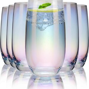 CUKBLESS Iridescent Drinking Glasses Set of 6 - Crystal Highball Water Glasses - Glass Cups for Water, Juice, Beverage, Mojito-15 Oz