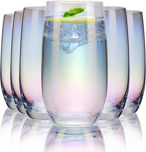716dU5WY9aL._AC_SL1500.jpg CUKBLESS Iridescent Drinking Glasses Set of 6 - Crystal Highball Water Glasses - Glass Cups for Water, Juice, Beverage, Mojito-15 Oz