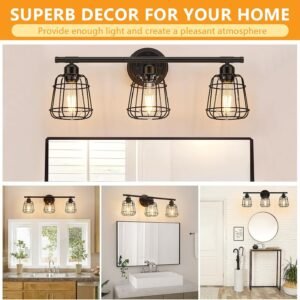 Elibbren 3-Light Bathroom Vanity Light Fixtures Over Mirror, Matte Black Bathroom Lighting Fixtures with Cage, E26 Base Farmhouse Wall Sconces for Bedroom Cabinets Living Room, UL Listed