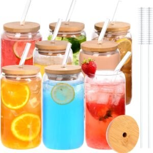 12pcs Glass Cups with Bamboo Lids and Glass Straws Set-16oz Can Shaped Drinking Glasses, Beer Glasses, Iced Coffee Glasses, Cute Tumbler Cup, Ideal for Whiskey,Cocktail,Wine,Gift-2 Cleaning Brushes