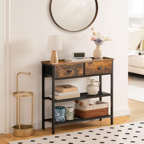 717AESwY_KL._AC_SL1500.jpg 29.5" Narrow Console Table with 2 Fabric Drawers, Small Entryway Table with 3-Tier Storage Shelves, Thin Sofa Table, Side Table, for Living Room, Hallway, Rustic Brown and Black BF72XG01
