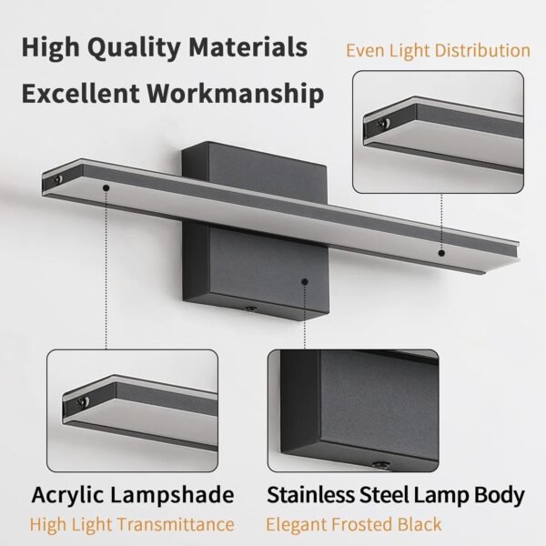 wowatt 9W Bathroom Vanity Light Fixture Matte Black Wall Light Fixture Over Mirror Cold White 5000K Bathroom Light Fixture 16" 40cm Washroom Light for Bedroom Living Room Art Display Dressing Table