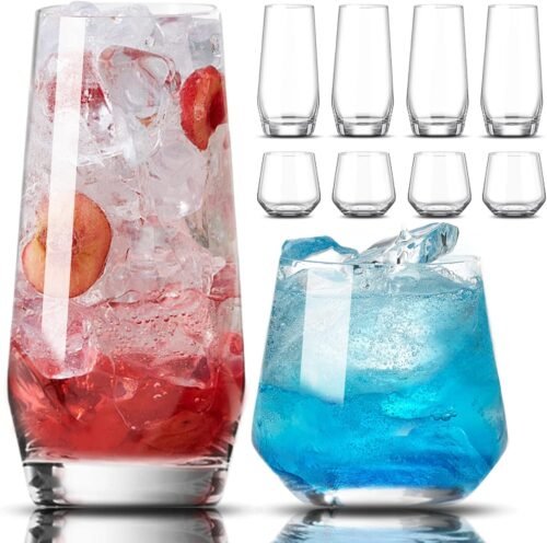 717IuSHlcDL._AC_SL1500.jpg Mfacoy Drinking Glasses Set of 8-4 Tall Glass Cups 18 oz & 4 Short Stemless Wine Glasses 13 oz, Highball Glasses, Glassware Sets for Cocktail, Beer, Wine, Whiskey, Water & Juice Drinkware