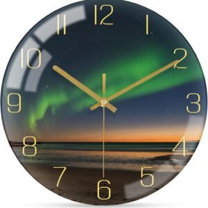 12 Inch Modern Wall Clock, Aesthetic Black and Gold Bathroom Decor Accessories, Silent Battery Operated Decorative Aurora Clocks for Living Room/Kitchen/Office/Bedroom (Glass)