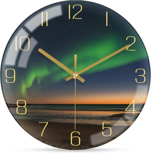 12 Inch Modern Wall Clock, Aesthetic Black and Gold Bathroom Decor Accessories, Silent Battery Operated Decorative Aurora Clocks for Living Room/Kitchen/Office/Bedroom (Glass)
