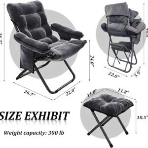Modern Lazy Chair with Ottoman, Adjustable Lazy Chaise Lounge with Side Pocket Folding Lounge Reclining Sofa Chair with Armrest for Bedroom Living Room Balcony, Grey
